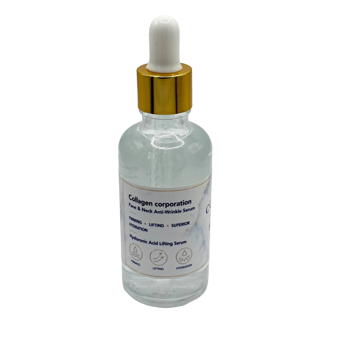 A clear glass dropper bottle of Collagen corporation Acne & Blackhead Resolving Serum with a white dropper top and a shiny gold collar, set against a plain light gray background.